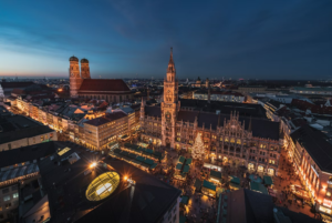 Aerial photograph of Munich by night