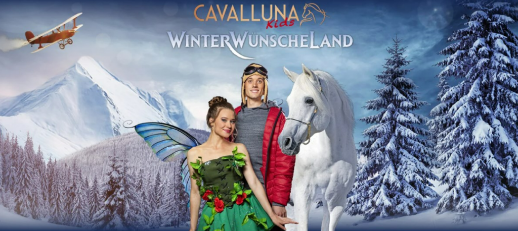 graphic depicting a scene from the Cavalluna WinterWunscheLand show at Christmas in Munich