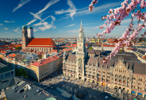 Aerial photo showing springtime in Munich with views of Marienplatz, New Town Hall and Frauenkirche