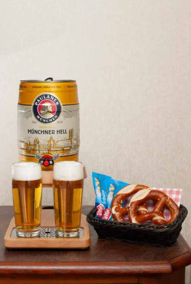 photo of the KING’s Hotels Munich Bavarian Beer Special offerings - a 5-litre keg of premium beer, pretzels and peanuts