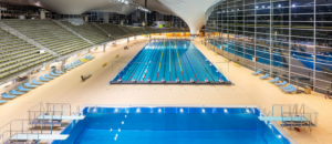 photo of the Olympia-Schwimmhalle public swimming pool in Munich’s Olympiapark