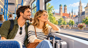 Illustration showing tourists on a tram to depict staying near Munich Central Station